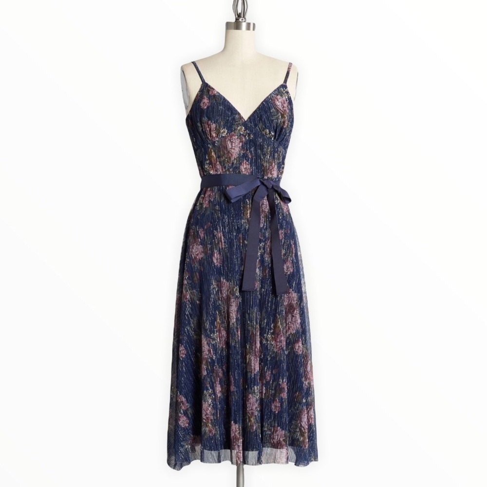 U Collection Modcloth Glistening to Floral Dreams Plisse Navy Floral Midi Dress